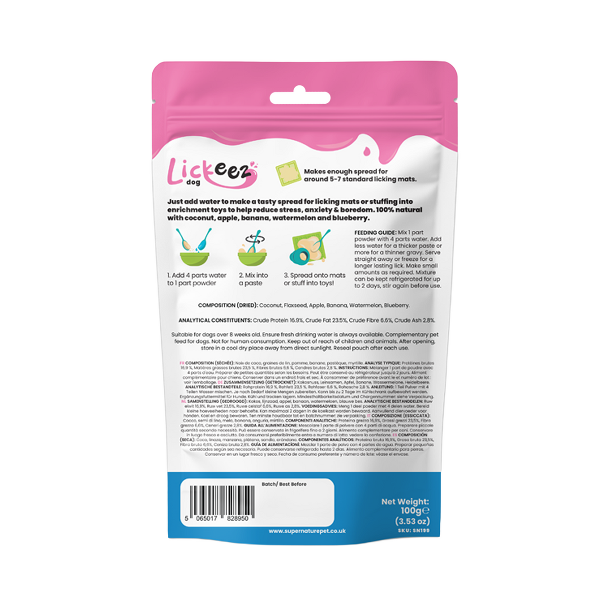 Supernature Fruity Lickeez, in a resealable pouch, rear view showing feeding guide, ingredients, and nutritional information.