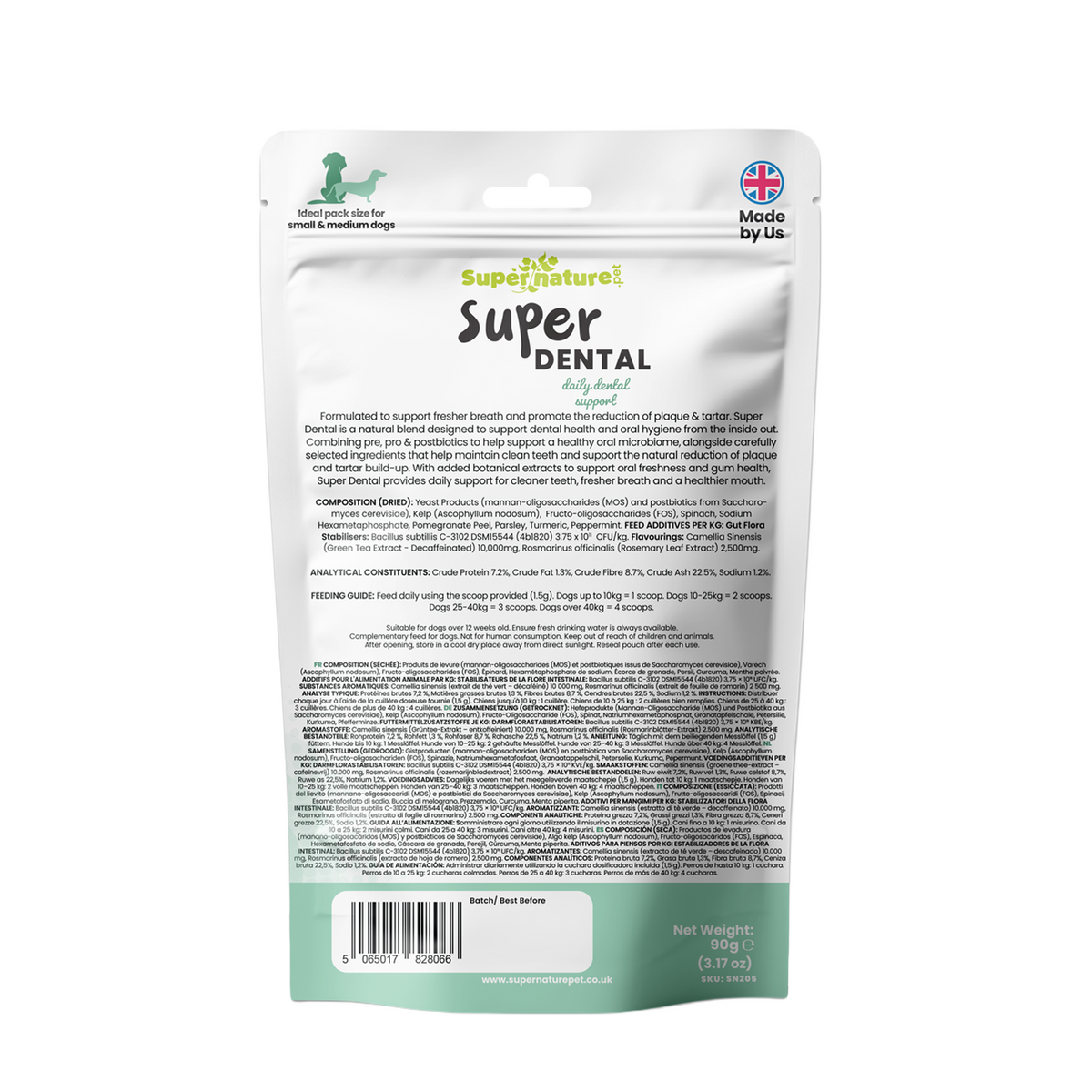 Supernature Super Dental, in a resealable pouch, rear view showing feeding guide, ingredients, and nutritional information.