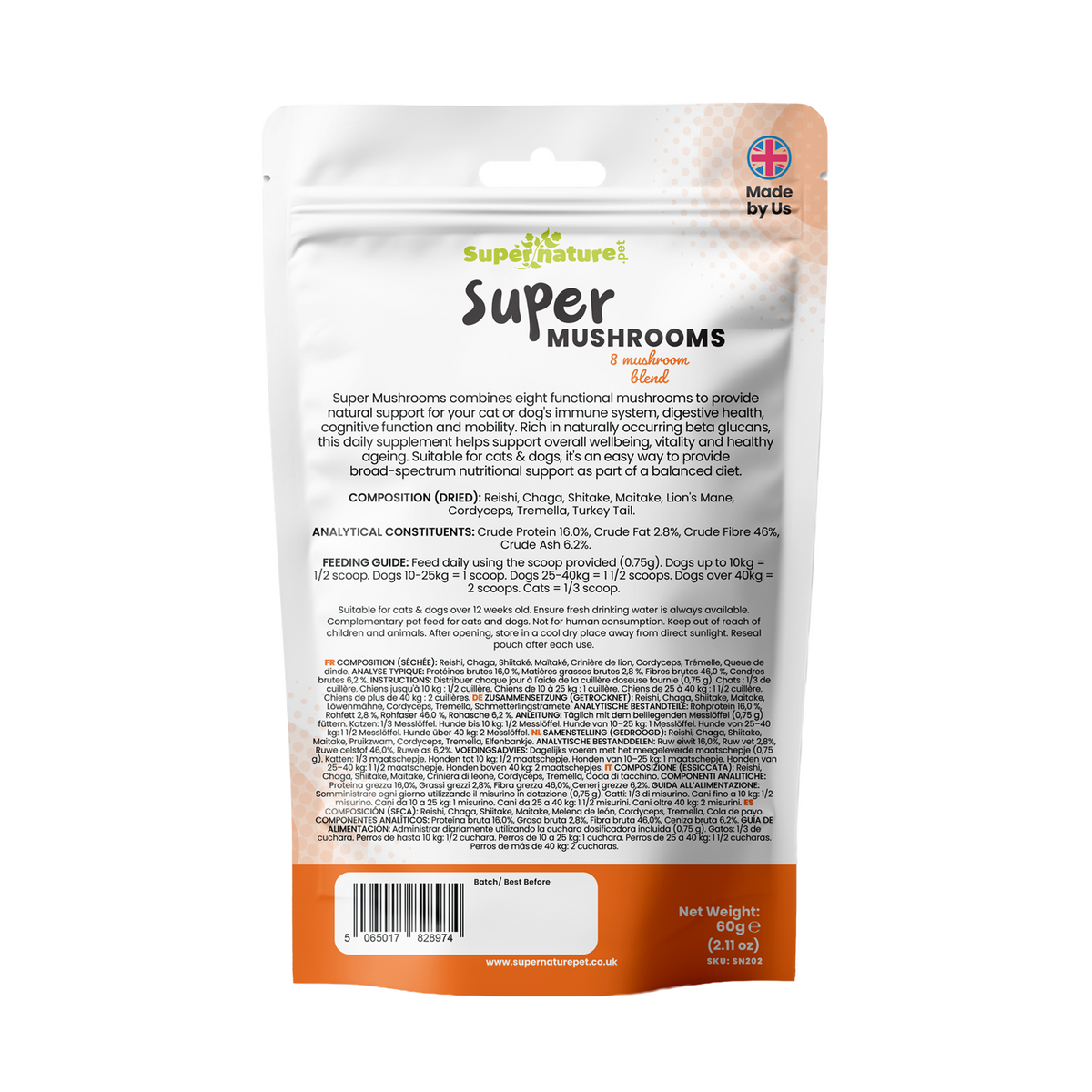 Supernature Super Mushrooms, in a resealable pouch, rear view, showing feeding guide, ingredients, and nutritional information.