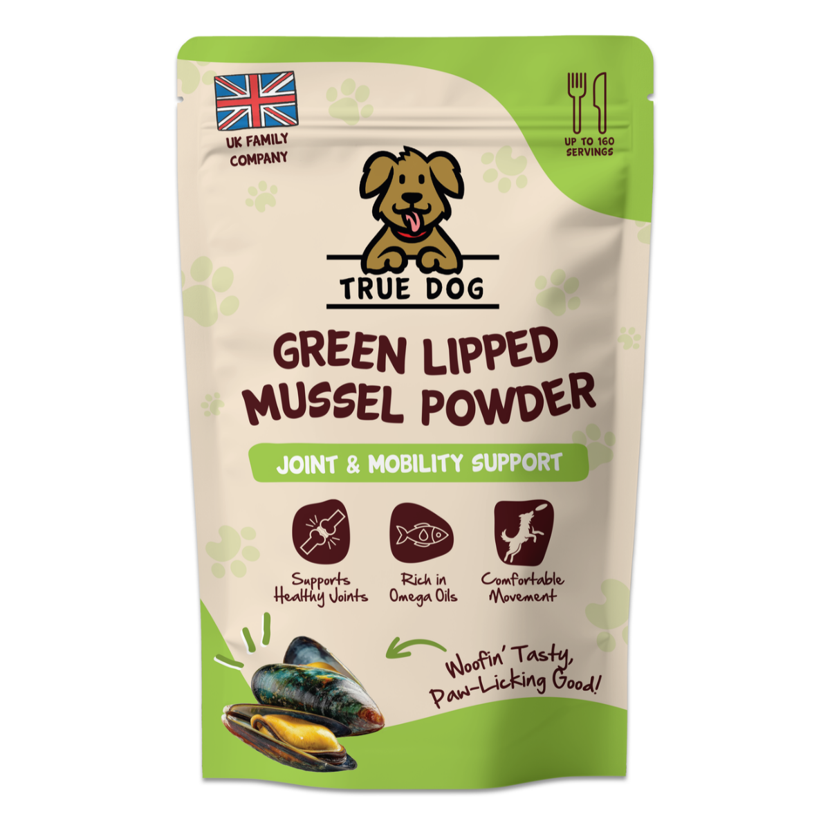 True Dog Green Lipped Mussel Powder, Joint & Mobility Support for dogs & cats, in retail pouch, front view.