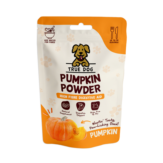 True Dog Pumpkin Powder high fibre digestive aid for dogs, in retail pouch, front view.