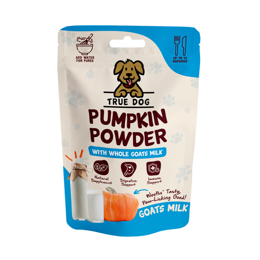 True Dog Pumpkin Powder with Whole Goat's Milk, immune & digestive support for dogs, in retail pouch, front view.