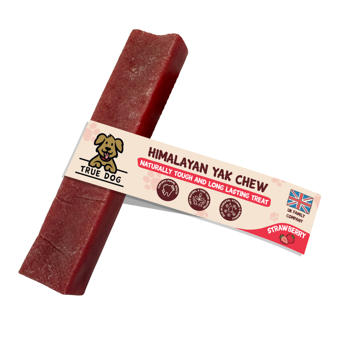 True Dog Himalayan Yak Chew Strawberry, a naturally tough and long lasting treat for dogs.