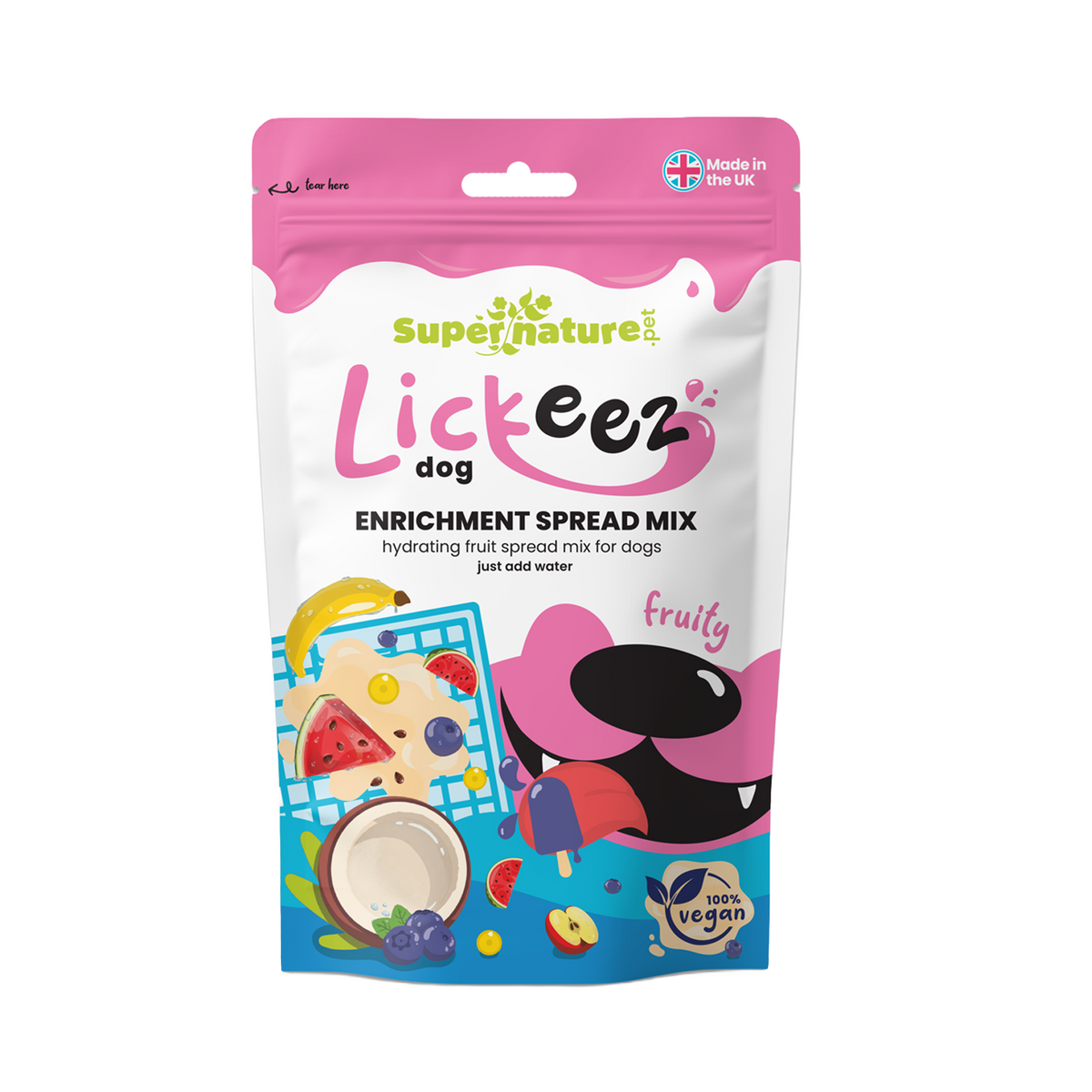 Supernature Fruity Lickeez, enrichment spread mix for dogs, in a resealable pouch, front view.