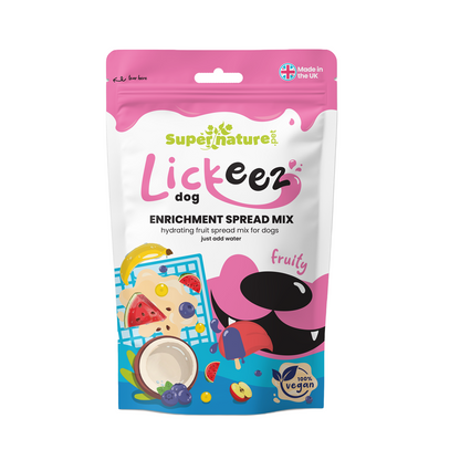 Supernature Fruity Lickeez, enrichment spread mix for dogs, in a resealable pouch, front view.