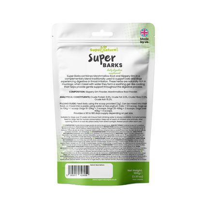 Supernature Super Barks, in a resealable pouch, rear view, showing ingredients, feeding guide, and nutritional information.