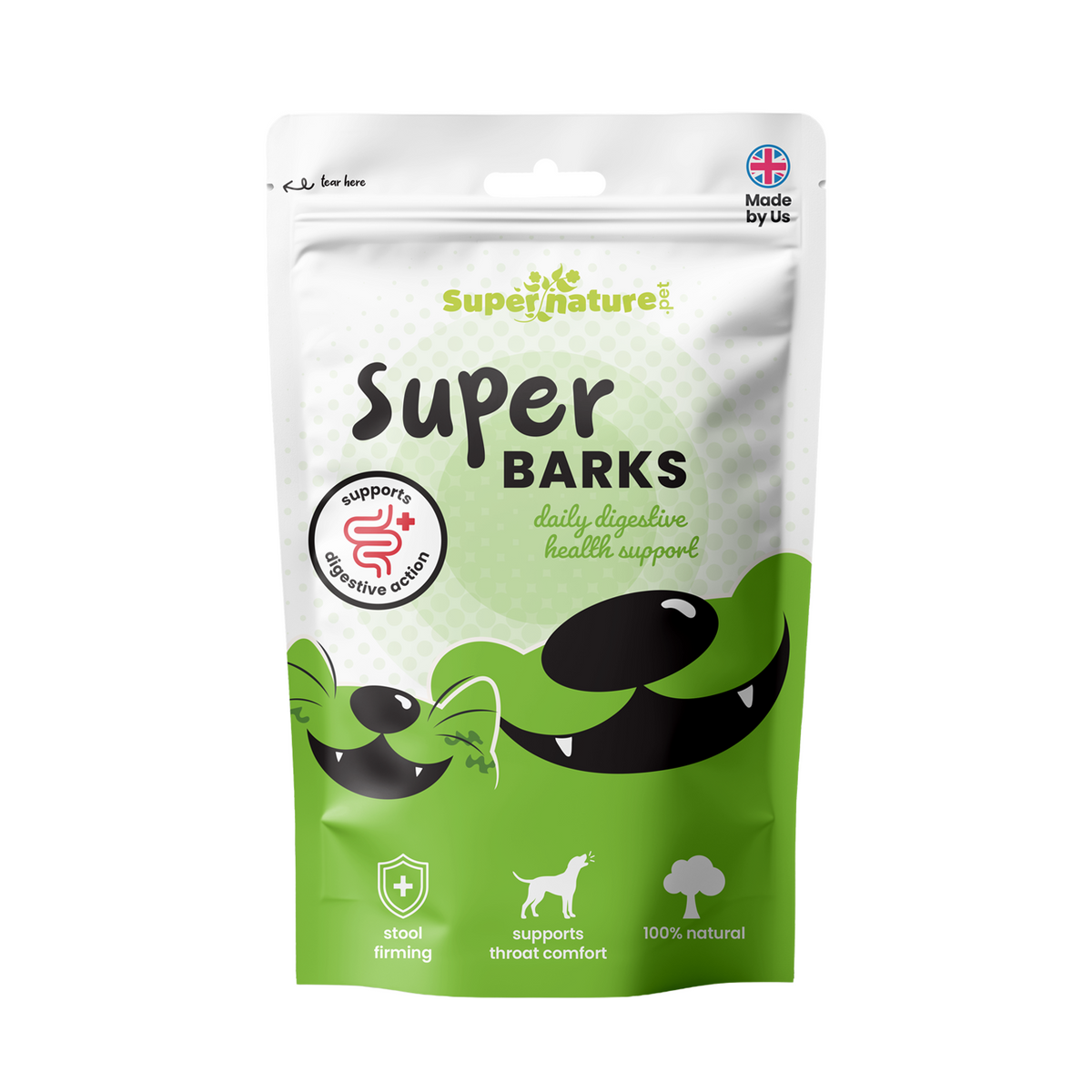 Supernature Super Barks, daily digestive and throat comfort support for dogs and cats, in resealable pouch, front view.
