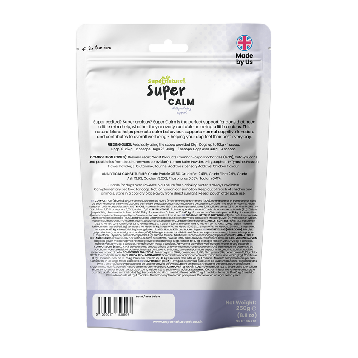 Supernature Super Calm, in a resealable pouch, rear view showing feeding guide, ingredients, and nutritional information.