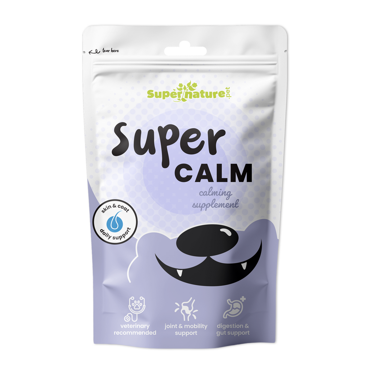 Supernature Super Calm, a daily calming supplement for dogs, in a resealable pouch, front view.