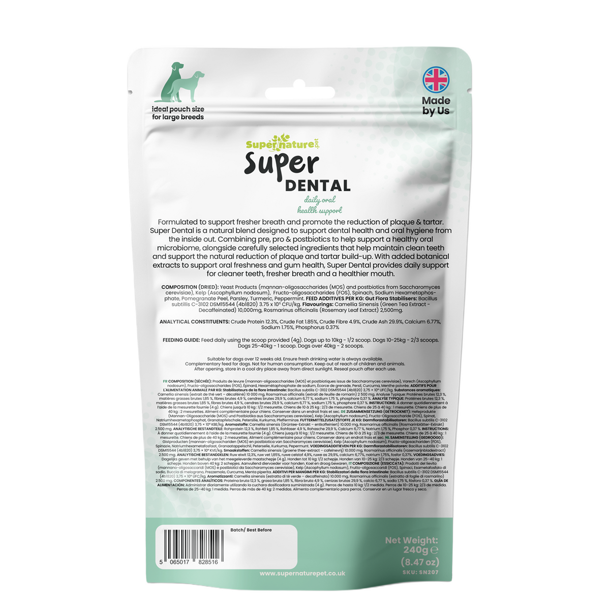Supernature Super Dental, in a 240g resealable pouch perfect for larger dogs, rear view showing ingredients, feeding guide, and nutritional information.