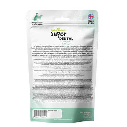Supernature Super Dental, in a 240g resealable pouch perfect for larger dogs, rear view showing ingredients, feeding guide, and nutritional information.