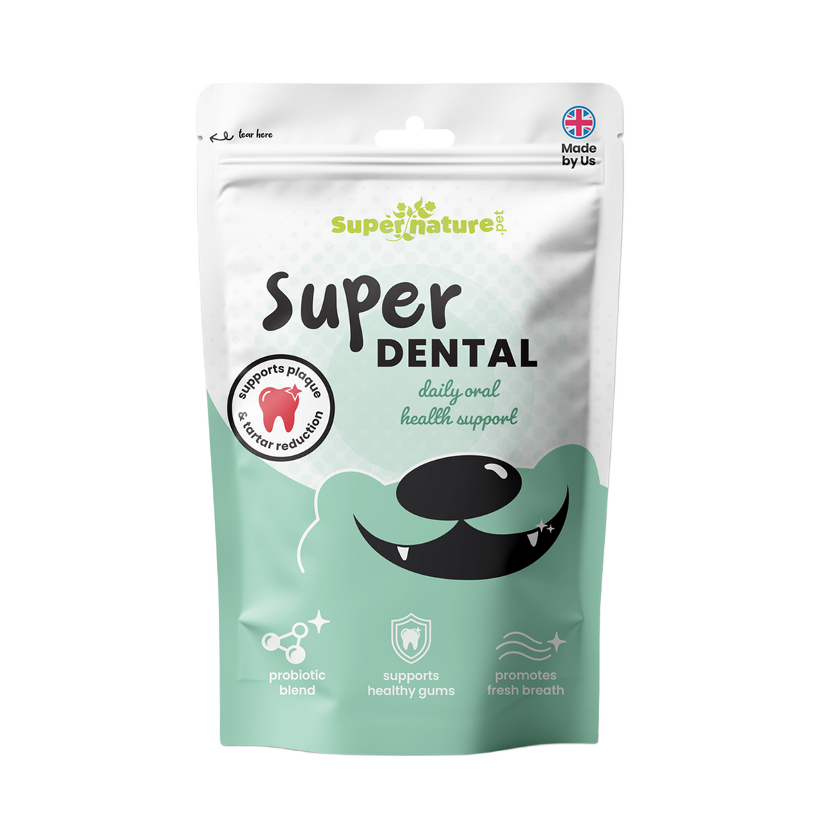 Supernature Super Dental, daily oral health support for dogs, in a resealable pouch, front view.