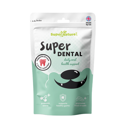 Supernature Super Dental, daily oral health support for dogs, in a resealable pouch, front view.