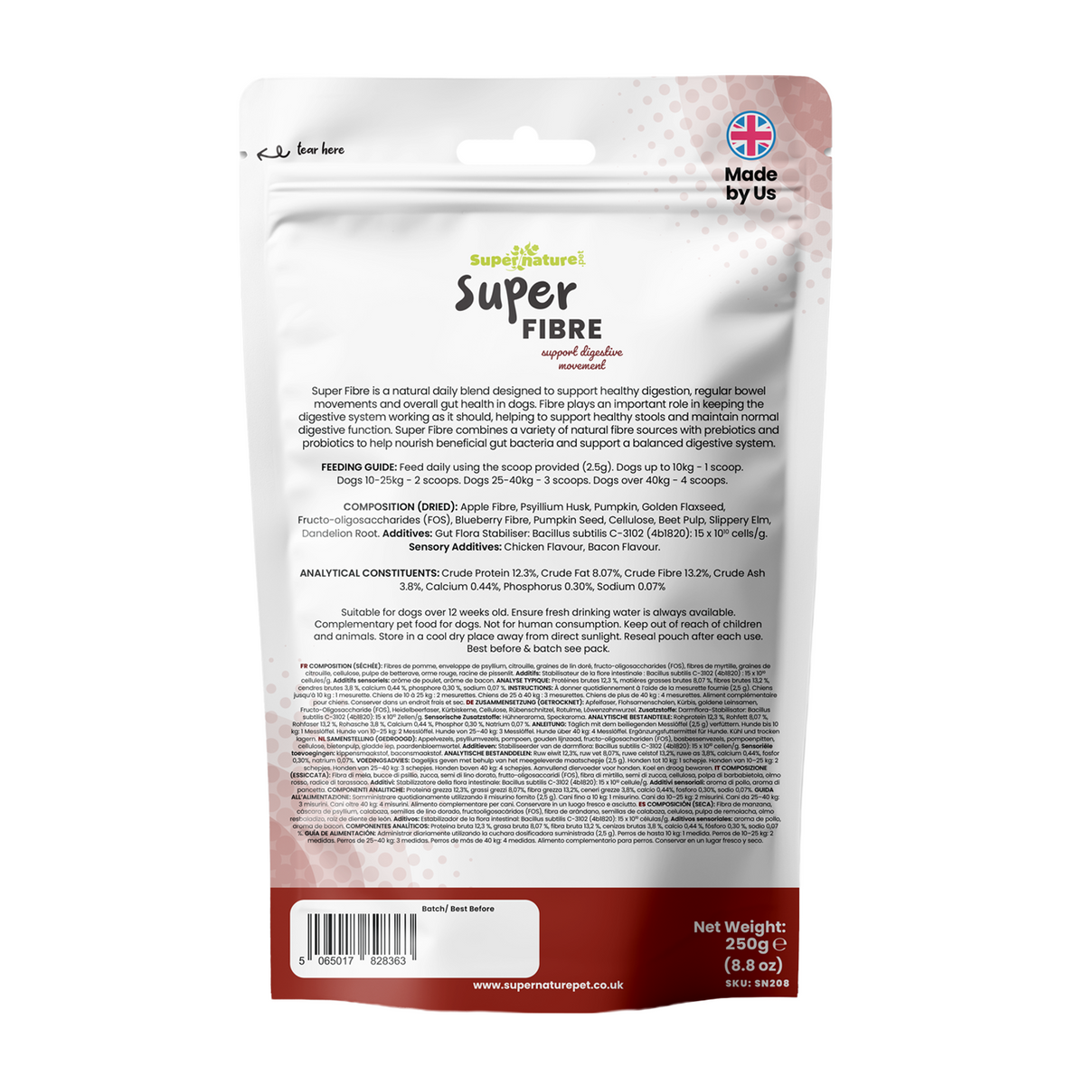 Supernature Super Fibre, in a resealable pouch, rear view showing feeding guide, ingredients, and nutritional information.