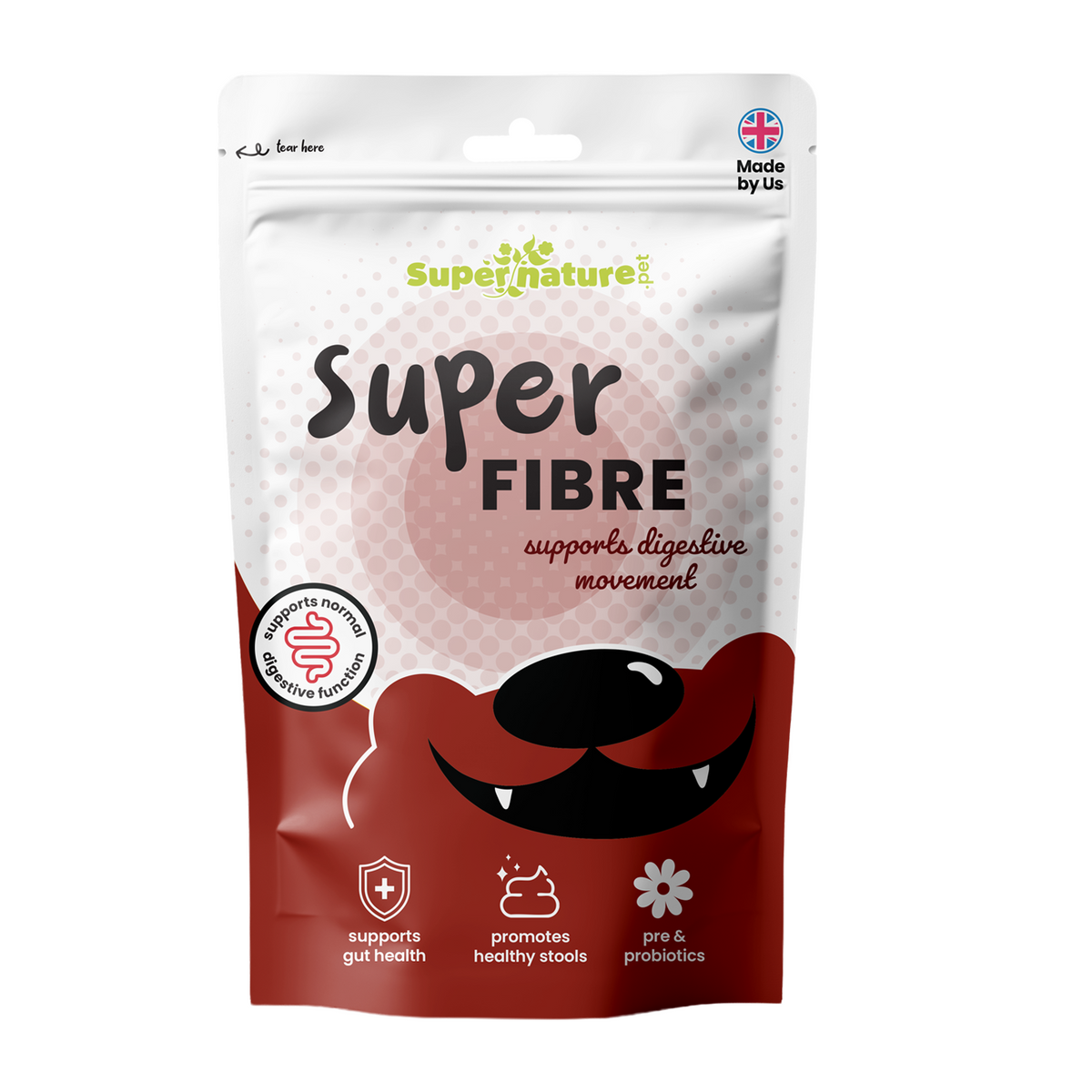 Supernature Super Fibre, a digestive and anal gland support supplement for dogs, in a resealable pouch, front view.