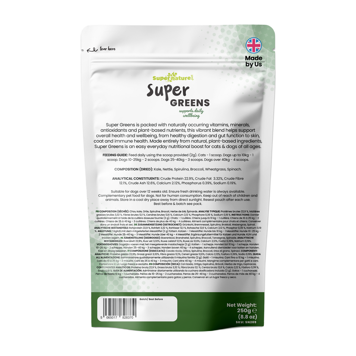 Supernature Super Greens, in a resealable pouch, rear view showing feeding guide, ingredients, and nutritional information. 