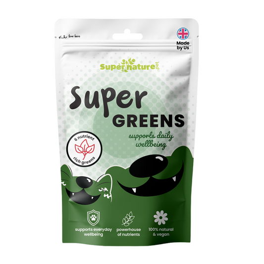 Supernature Super Greens, daily natural wellbeing supplement for dogs and cats, in a resealable pouch, front view.