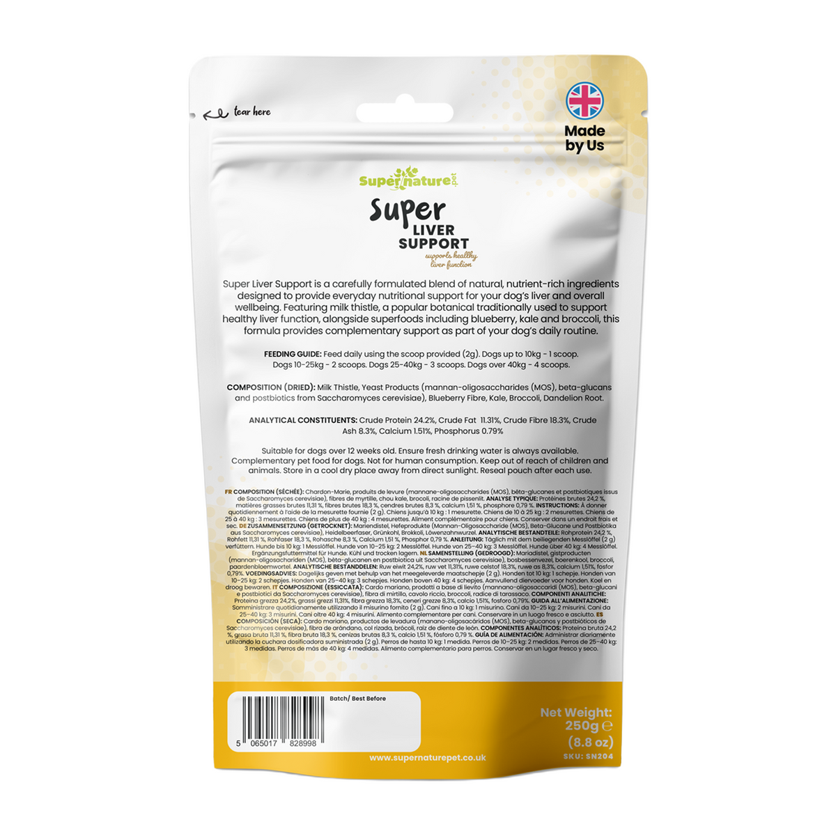 Supernature Super Liver Support, in a resealable pouch, rear view showing ingredients, feeding guide, and nutritional information.