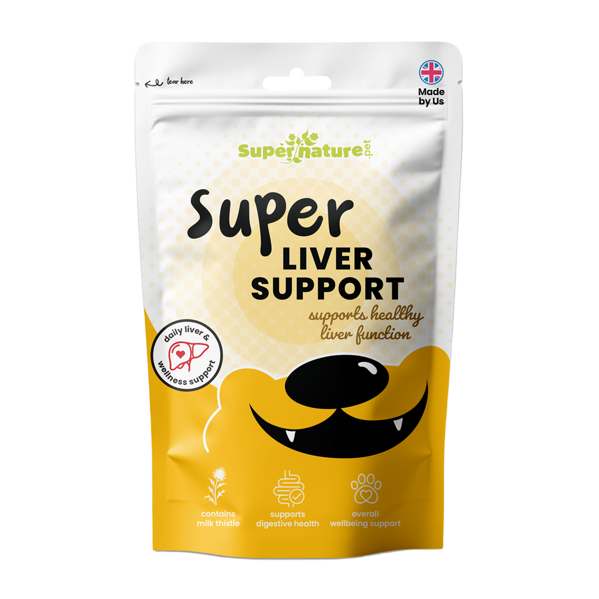 Supernature Super Liver Support, a healthy liver function supplement for dogs, in a resealable pouch, front view.