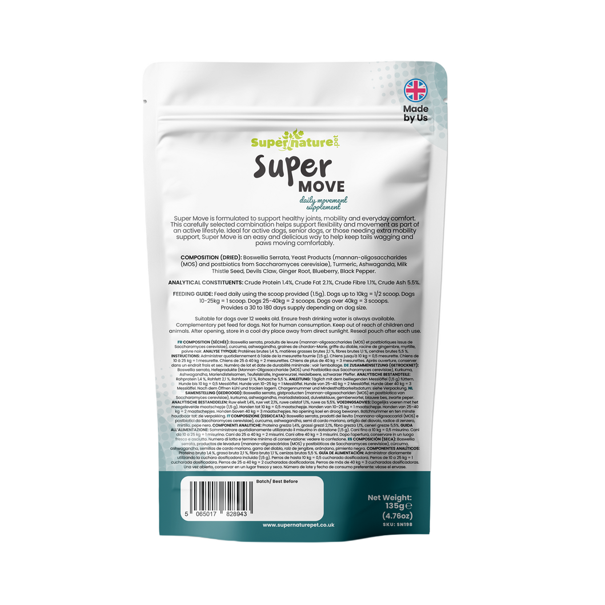 Supernature Super Move, in a resealable pouch, rear view showing feeding guide, ingredients, and nutritional information.