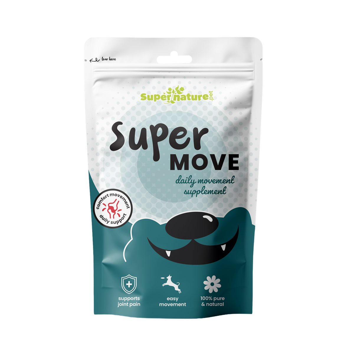 Supernature Super Move, a daily movement supplement for dogs, in a resealable pouch, front view.
