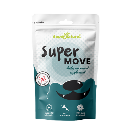 Supernature Super Move, a daily movement supplement for dogs, in a resealable pouch, front view.
