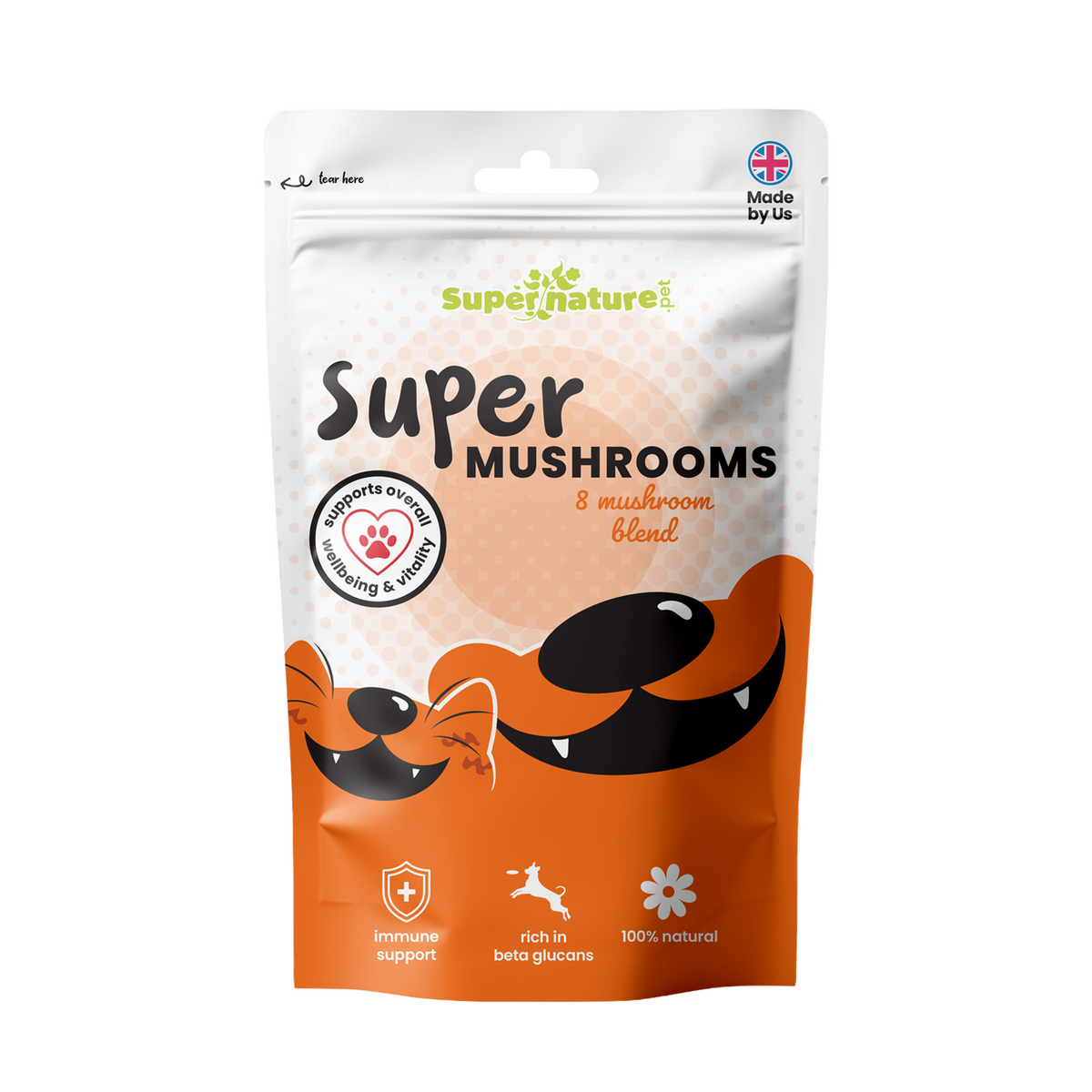 Supernature Super Mushrooms, 8-mushroom blend for dogs and cats, in a resealable pouch, front view.