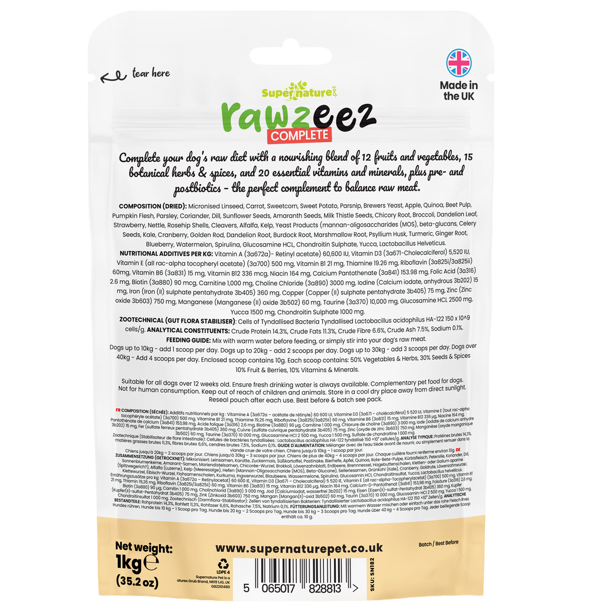 Supernature Rawzeez Complete, in retail pouch, rear view, showing feeding guide, ingredients, and nutritional information.