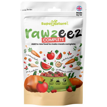 Supernature Rawzeez Complete, a fruit and vegetable supplement for dogs on a raw diet, in retail pouch, front view.