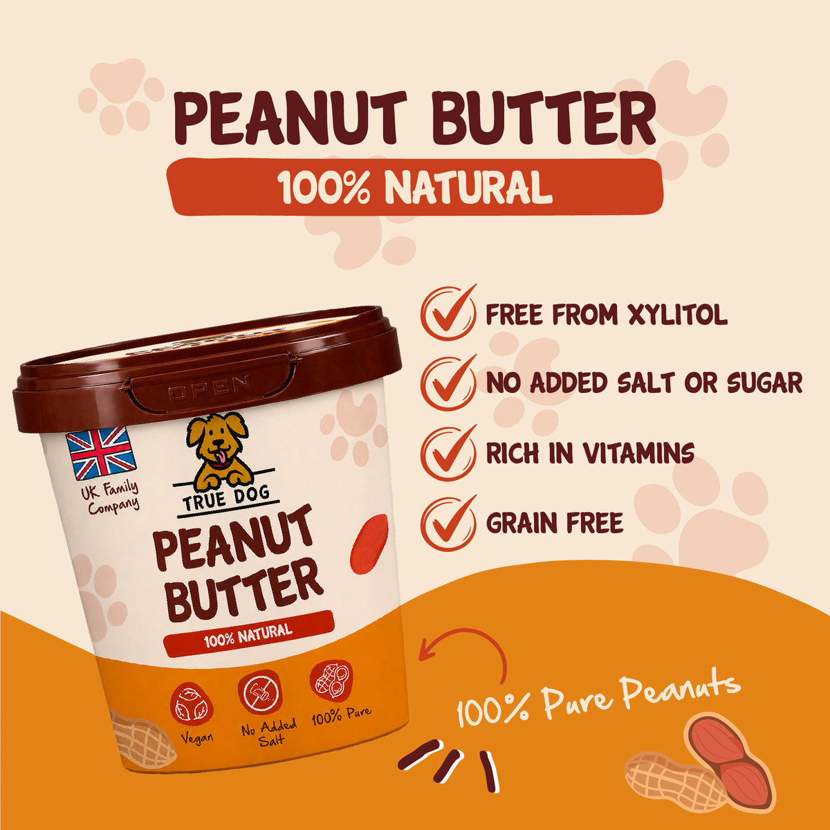 True Dog Graphic: Peanut Butter, 100% Natural, free from xylitol, no added salt or sugar, rich in vitamins, grain free.
