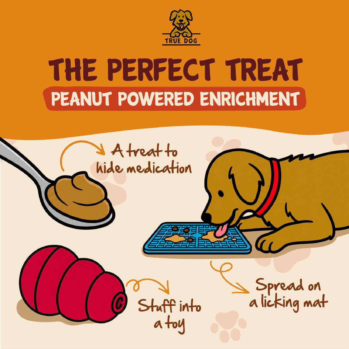 True Dog The perfect treat, peanut powered enrichment. A treat to hide medication, stuff into a toy, spread on a llicking mat. 