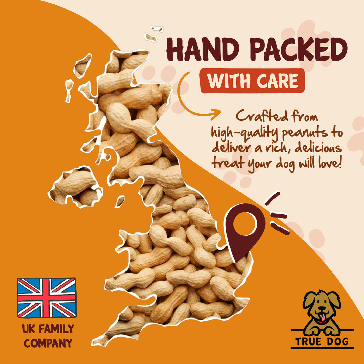 True Dog graphic: hand packed with care crafted from high-quality peanuts to deliver a rich, delicious treat your dog will love!