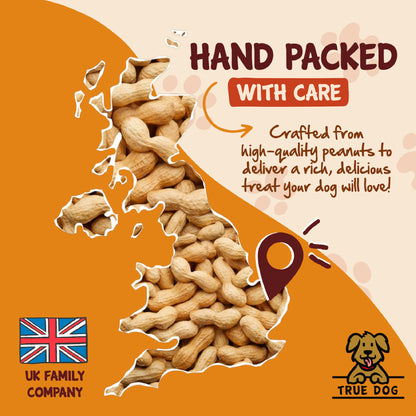 True Dog graphic: hand packed with care crafted from high-quality peanuts to deliver a rich, delicious treat your dog will love!