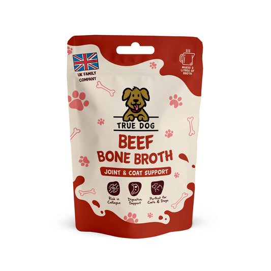 True Dog Beef Bone Broth, joint & coat support supplement for cats and dogs, in retail pouch, front view.