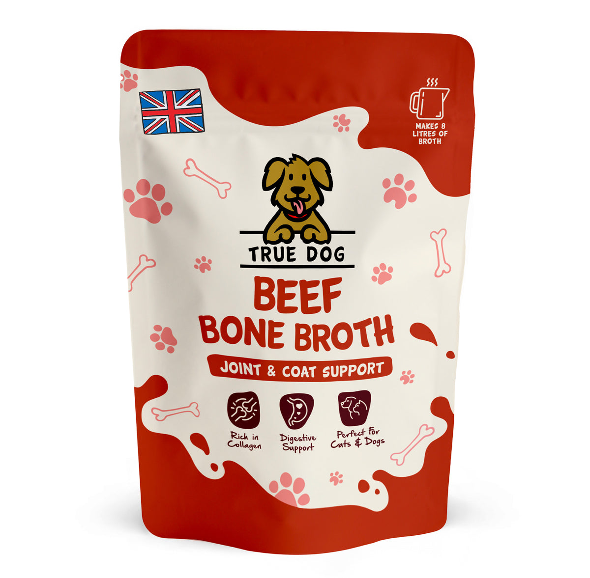 True Dog Beef Bone Broth, joint & coat support supplement for cats and dogs, in retail pouch, front view.