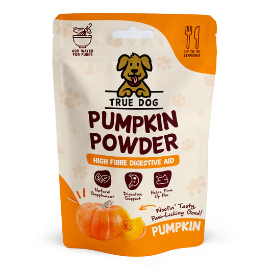 True Dog Pumpkin Powder high fibre digestive aid for dogs, in retail pouch, front view.