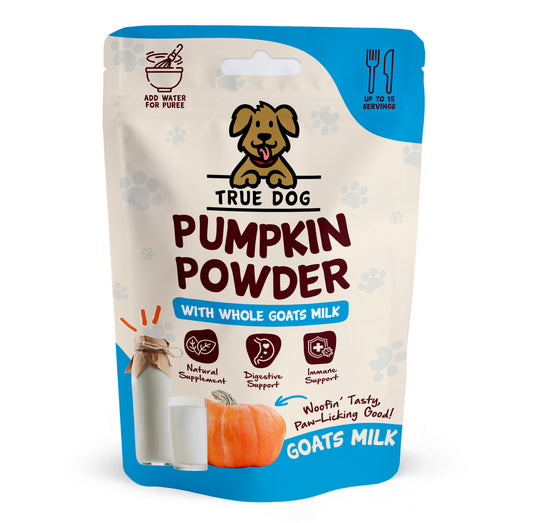 True Dog Pumpkin Powder with Whole Goat's Milk, immune & digestive support for dogs, in retail pouch, front view.