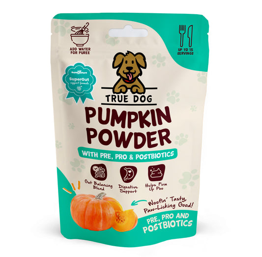 True Dog Pumpkin Powder with Pre, Pro & Postbiotics, digestive support supplement for dogs, in retail pouch, front view.