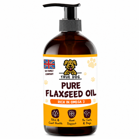 True Dog Flaxseed Oil, a skin and coat health daily supplement for dogs and cats, in amber pump bottle, front view.