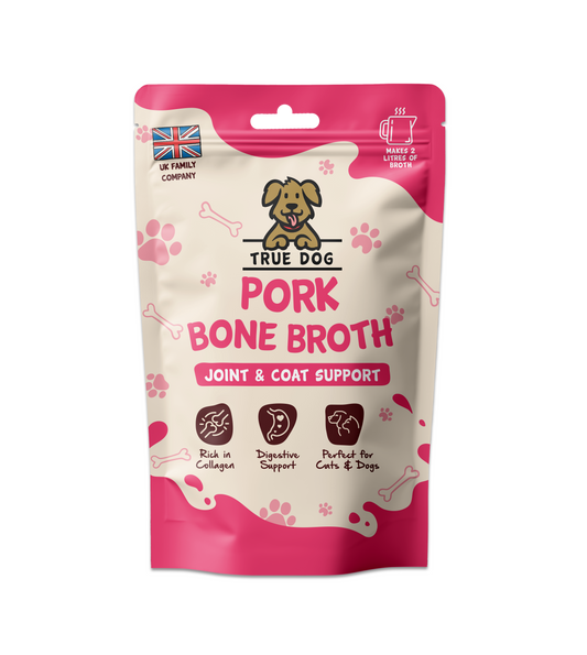 True Dog Pork Bone Broth Joint & Coat Support, in retail pouch, front view.