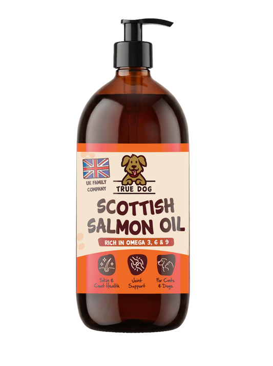 True Dog Scottish Salmon Oil, daily skin, coat and joint health support food topper for dogs and cats, in a 1L amber bottle, front view.