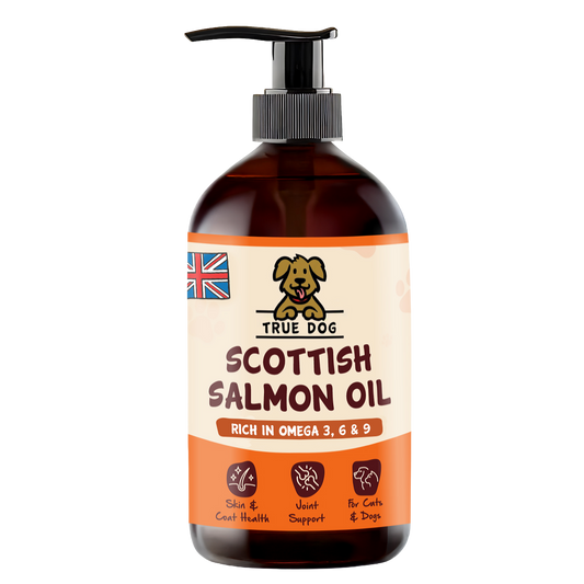 True Dog Scottish Salmon Oil, Daily Skin, Coat, and Joint Supplement for dogs and cats, in amber pump bottle, front view.