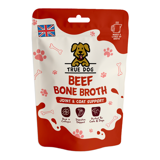 True Dog Beef Bone Broth Powder in retail pouch, front view, a daily joint and coat support food topper for dogs and cats.