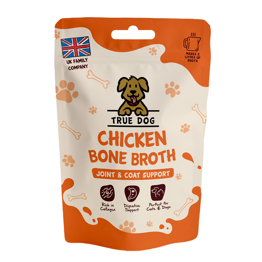 True Dog Chicken Bone Broth in retail pouch, front view, a joint and coat support food topper for dogs and cats.